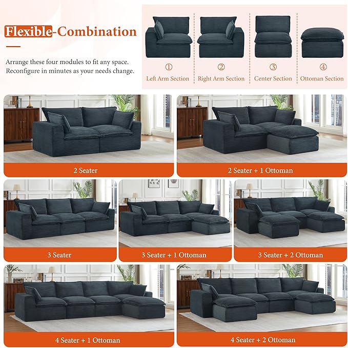 108" Sectional Couches for Living Room Boneless Couch Upholstered Cloud Couch Sectional Modular Sectional Sofa with L Shaped (Corduroy-Blue, 3 Seat+1 Ottoman)