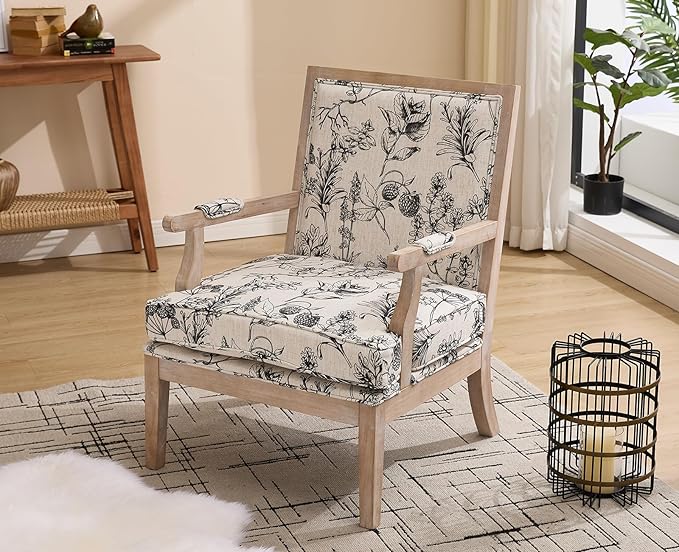 chairus Farmhouse Linen Accent Chair for Living Room, Upholstered Reading Chair with Solid Wood Frame Lounge Arm Chair with High Back for Bedroom, Reception Room, Waiting Room, Floral Pattern