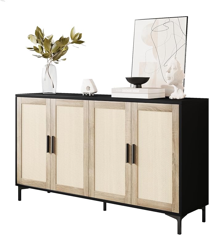 JASIWAY Sideboard - Buffet Cabinet with Storage, Rattan Kitchen Buffet Cabinet Accent Sideboard Cabinets with Doors, Coffee Bar Cabinets Rattan Sideboards for Living Room, Entryway, Black