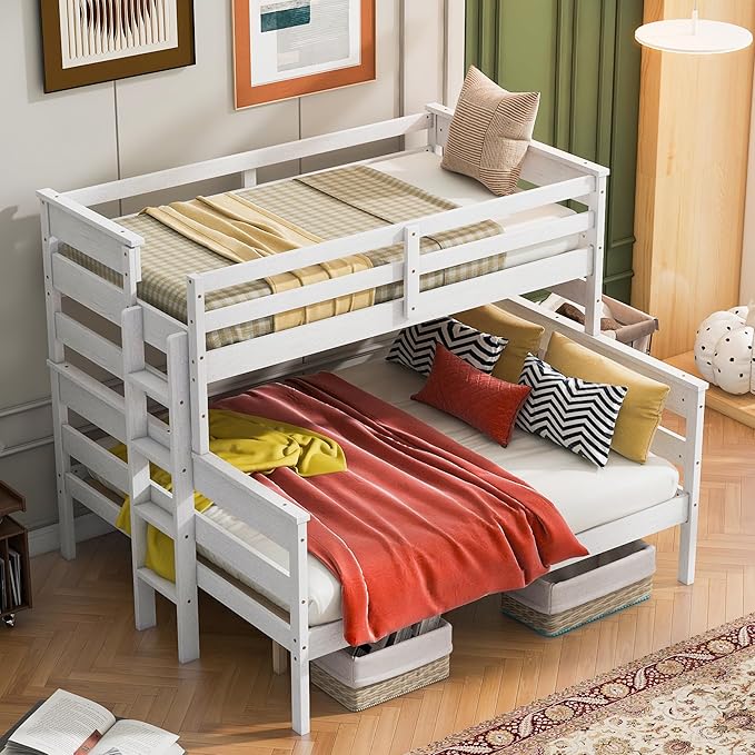 Solid Wood Twin XL Over Queen Bunk Bed with Ladder and Slat Support,Bedroom Detachable Bed Frame w/Easy Assembly & No Box Spring Required,for Kid Adult Boy Girl Teen,White