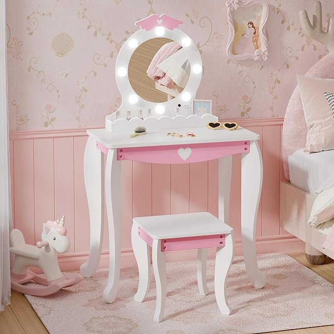 TOLEAD Girls Vanity with Lights, Mirror and Stool, Kids Make Up Vanity Set with Storage Space, Wing Pattern for Little Girls, Toddler Princess Makeup Dressing Table with Chair Set, White