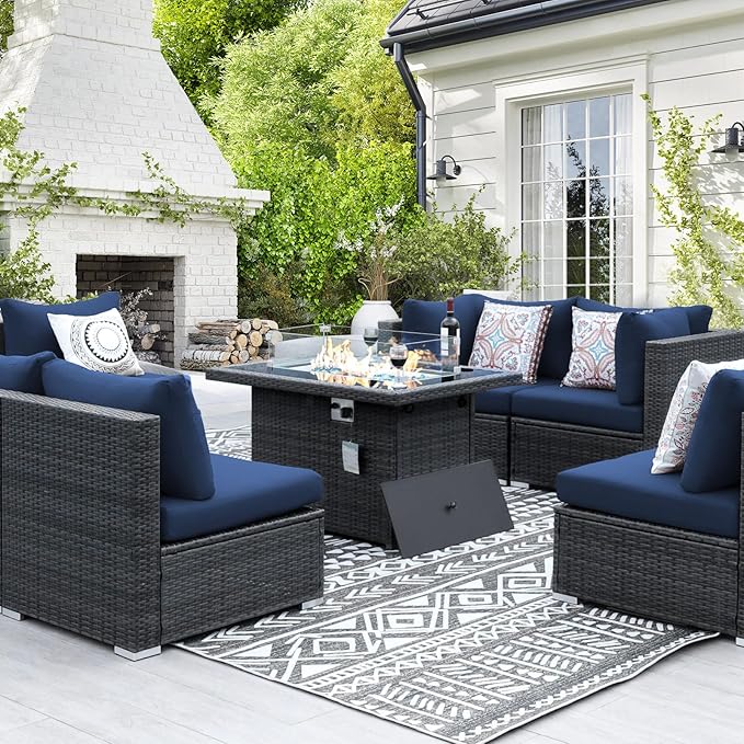 NICESOUL 29.3'' High-Back Outdoor Patio Conversation Set with Fire Pit Table Gas Propane Dual-Fuel, 7 Pcs Oversized Deep & Wide Seated Wicker Sectional Sofa Furniture Set with Firepit, Navy Blue