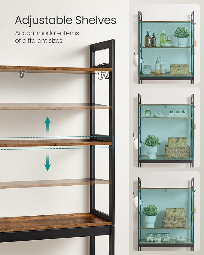 SONGMICS Over-The-Toilet Storage, 3-Tier Bathroom Organizer Over Toilet with Adjustable Shelves, Hooks, Bamboo, Freestanding Space Saver Bathroom Shelves, Rustic Brown and Ink Black UBTS012B01