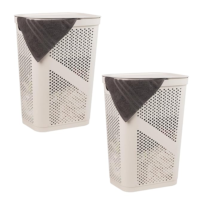 Mind Reader 60L Slim Laundry Hamper, Clothes Basket, Lid, Ventilated, Plastic, Set of 2, Ivory