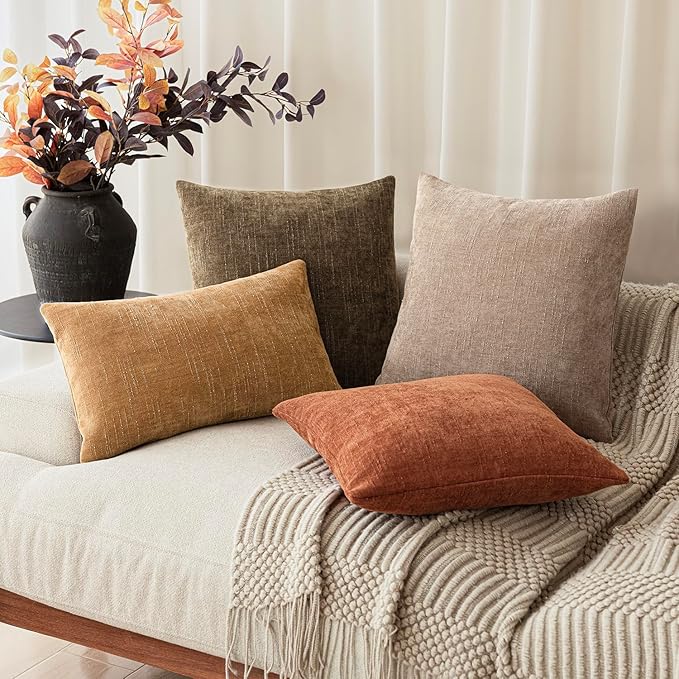 Foindtower Set of 2 Textured Chenille Throw Decorative Pillow Covers Square Accent Solid Cushion Cover Neutral Farmhouse Lumbar Pillow Case for Couch Sofa Bedroom Living Room 12x20 Inch,Golden Brown
