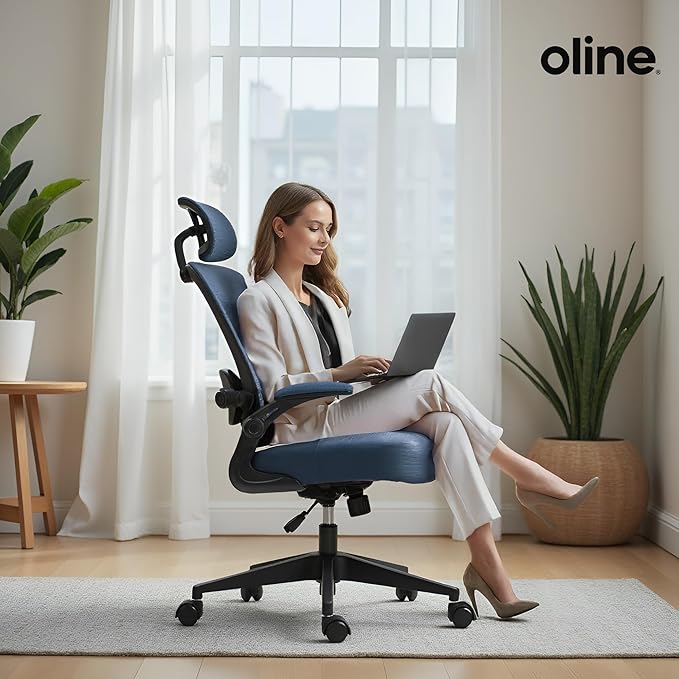 Oline ErgoAir Ergonomic Office Chair – Adjustable Lumbar Support, Flip-Up Armrests, Mesh Computer Desk Chair, Swivel Rolling Executive Gaming Chair for Home & Office (Navy Blue)