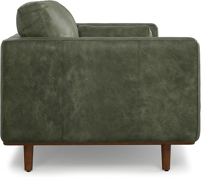 SIMPLIHOME Morrison 89-inch Wide Sofa in Moss Green Genuine Leather, Mid-Century Modern Design Couch for Living Room, Single Bench Cushion, 2 Back Cushions, 2 Bolster Pillows