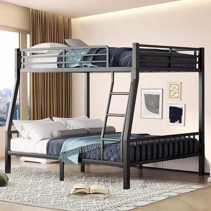 Bunk Bed Full XL Over Queen, Heavy Duty Metal Bunk Bed Frame, Queen bunk Bed with Guardrail Heavy Duty Bunk Bed Frame for Adults - Teens Dorm Bedroom Guest Room(Black)