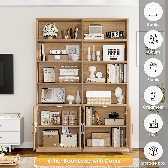 FACBOTALL Bookshelf and Bookcase with Doors, 6 Tier Double Wide Large Bookshelves, Open Display Shelves, 73'' Tall Bookshelf with Storage Cabinets for Home Office, Living Room, Library, Oak