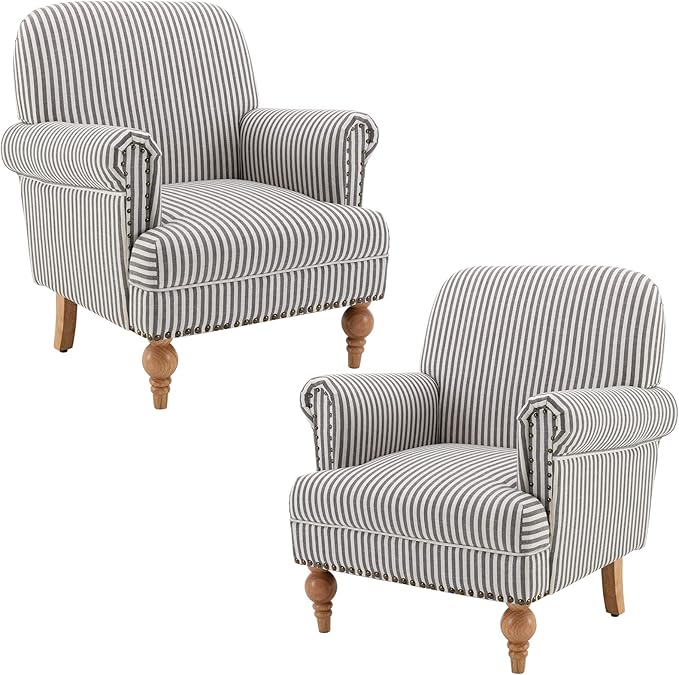 chairus Linen Accent Chair for Living Room Set of 2 Upholstered Mid Century Modern Single Sofa Chair with Solid Wood Legs Comfy Reading Armchair for Bedroom/Office Room/Recption/Lounge, Black Stripe