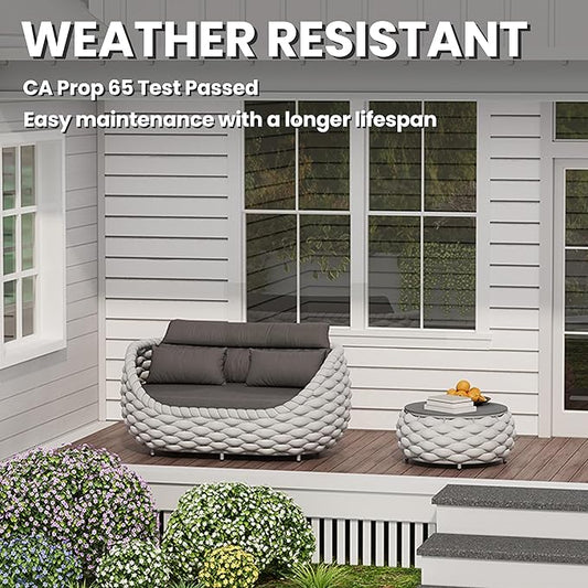 Patio Loveseat with Table: Aluminum Hand Woven Rope 2 Pieces Patio Furniture Set - Cushioned Outdoor Seating Set - Modern Couch Assembled - Metal Lounge Set for Porch Balcony Deck Garden Hotel