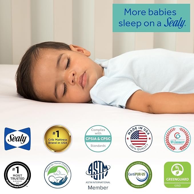 SEALY BABY Refresh Breathable 2 Stage Waterproof Crib Mattress Plus Toddler Bed Fit, Removable Knit Cover, GREENGUARD Gold Certified, Safety & Quality Tested, Made in USA, 52X28 -White