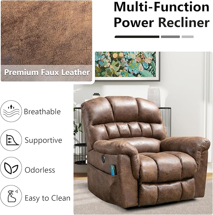 Large Power Lift Recliner Set of 2 with Massage and Heat for Elderly, Faux Leather Electric Lifting Recliners with USB Port, Oversized Reclining Sofa Chair for Living Room, Brown