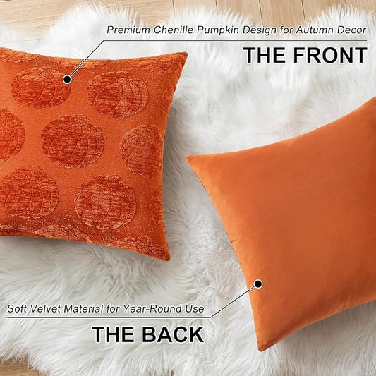 decorUhome Decorative Rust Pumpkin Thanksgiving Throw Pillow Covers 18x18 Set of 2, Soft Chenille Jacquard Farmhouse Textured Pillow Covers for Couch Bed Sofa Autumn Harvest Halloween Holiday