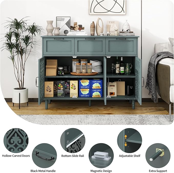 Sideboard Buffet Cabinet with Storage - Accent Storage Cabinet with Carved Pattern, Modern 3 Door 3 Drawer Cabinet, Farmhouse Wood Credenza for Living Room, Dining Room (Green)