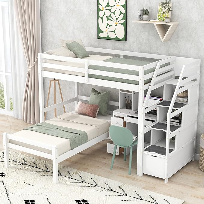 Twin Size Solid Wood Loft Bed with Storage Staircase and Desk, Bedroom Multifunctional Separable Bed Frame w/Shelves & Drawers,No Box Spring Needed,for Adult Kid Boy Girl,White