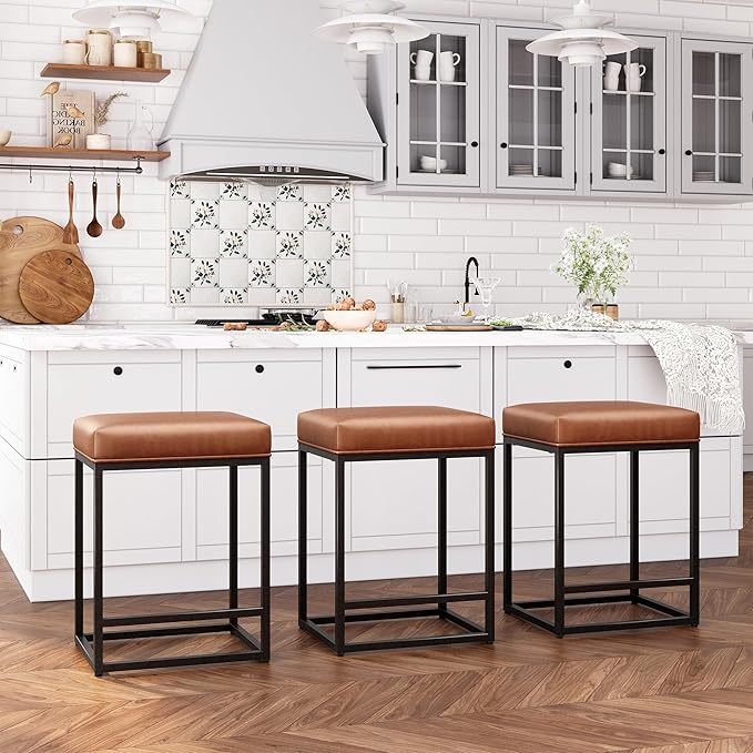 ALPHA HOME 24 Inch Counter Height Bar Stools Set of 2, Upholstered Bar Stools for Kitchen Island, Counter Stools with Faux Leather Cushion and Sturdy Metal Frame, Modern Barstools, Caramel
