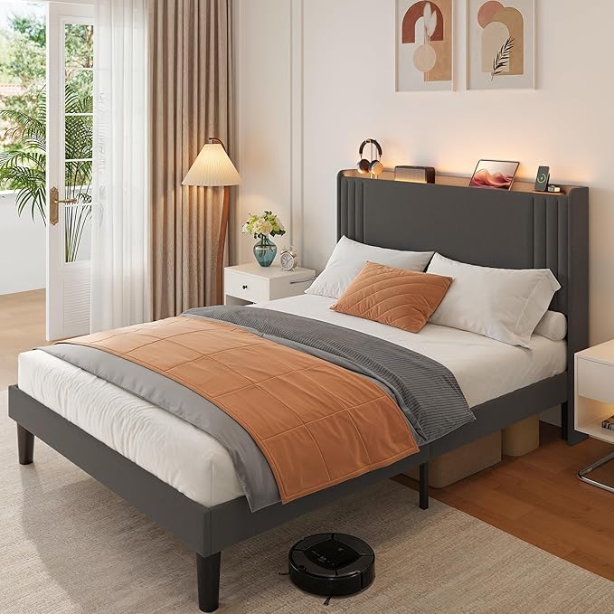 Gizoon Queen Bed Frame with Charging Station and LED Lights,Upholstered Wingback Platform Bed with Wooden Slats,Noise-Free,No Box Spring Needed
