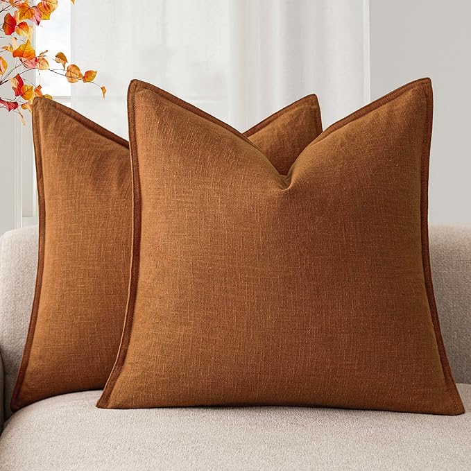 Foindtower Set of 2, Decorative Linen Soild Throw Pillow Covers Soft Accent Euro Cushion Case Boho Farmhouse Pillowcase for Chair Couch Sofa Bedroom Living Room Home Decor 20 x 20 Inch Autumn Orange
