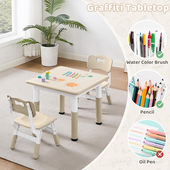 Adjustable Kids Table Chairs Set – Graffiti Desktop, Multi-Activity Height-Adjustable Toddler Study Desk for Ages 3-8 – Ideal for Home, Classroom, Daycare (W-Wood, 2 Chairs-23.6" L x 23.6" W)