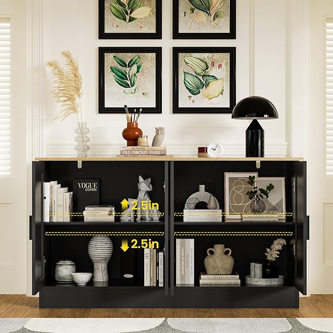 Black Sideboard Buffet with 4 Doors, Accent Coffee Bar, Kitchen Cabinet for Living Room, Kitchen or Hallway
