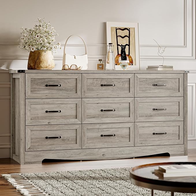 9-Drawer Dresser for Bedroom, Modern Wooden Chest of Drawers with Metal Handles, Anti-Tipping Design, Sturdy and Stable Storage Organizer for Living Room, Entryway, Home Office