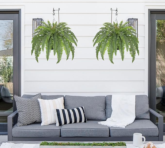 Hollyone 33" Artificial Boston Fern Hanging Basket Large 39 Leaves Fake Ferns in Rattan Pot Greenery Plants for Outdoors & Indoor Faux Fern Bush Basket Plant Patio Garden Home Decor Dusty Green
