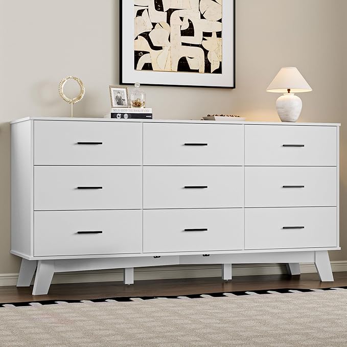 Dresser for Bedroom with 9-Drawer, 59" Wide Modern Chest of Drawers with Metal Handles, X-Shape Base & Adjustable Center Leg, Anti-Tip Closet Organizers and Storage