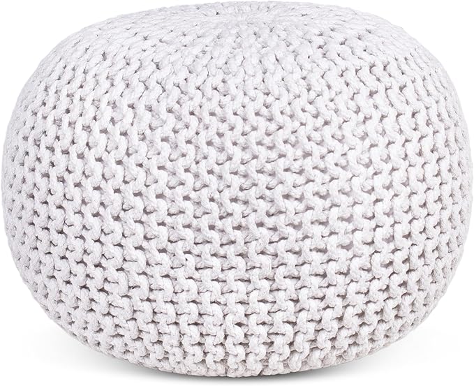 BIRDROCK HOME Round Pouf Ottoman | Cotton Braided Foot Stool with Bean Bag Filling | Boho Foot Rest for Living Room & Bedroom | Compact & Comfortable Seating, Lightweight & Soft | Ivory