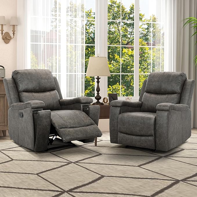 CANMOV Leather Recliner Chair Set of 2, Classic and Traditional Manual Recliner Chair with Overstuffed Arms and Back, Manual Single Sofa with Concealed Cup Holders,Grey