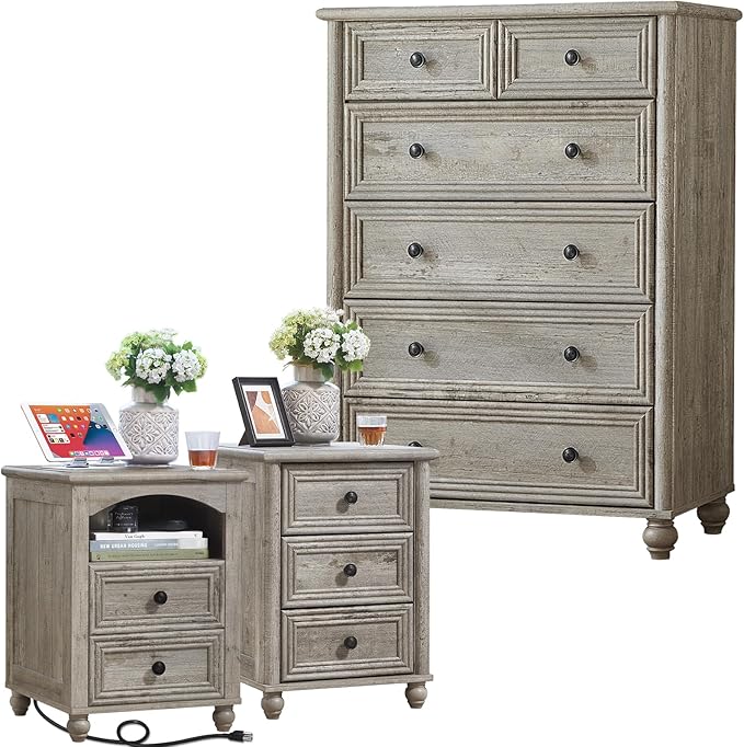 Farmhouse Dressers and Night Stand Set of 3, Wood 43.5'' Tall Dresser and 18'' Wide Chest of Drawers, Roman Column Nightstand Set of 2, Bedroom Furniture Dresser Suites for Living Room, Hallway, Home