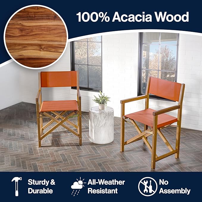 JONATHAN Y DRC1000C-SET2 Cukor Classic Vintage Outdoor Acacia Wood Folding Director Chair with Canvas Seat Classic, Vintage, Mid-Century, Modern, Traditional, Coastal, Orange/Teak Brown (Set of 2)
