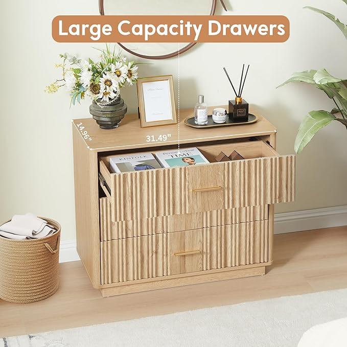 Fluted Dresser for Bedroom with 3 Drawers,31.5"Wide Modern Chest of Drawers with Metal Handle,Large Storage Dresser,Wood Closet Clothes Storage Organizer for Nursery Living Room Hallway,Natural 2 Sets