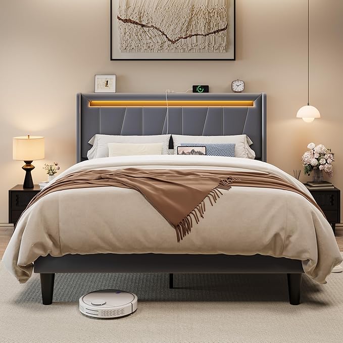 Allewie Full Size LED Bed Frame with Charging Station, Velvet Upholstered Platform Bed with Geometric Wingback Headboard, Modern Frame with No Box Spring Needed, Easy Assembly, Grey