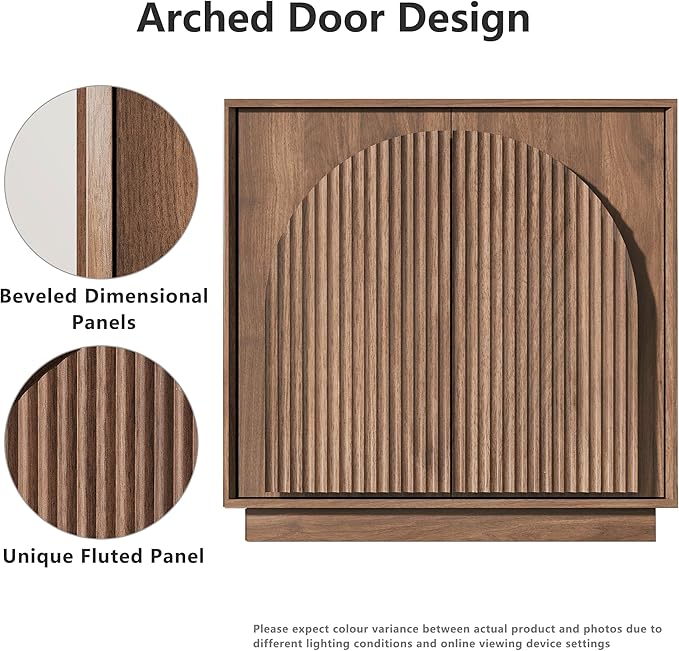 WIN2WIN Fluted Sideboard Buffet Cabinet with Storage, 31.5" Mid Century Modern Accent Cabinet with Double-Layered Arch Door, Small Wood Console Credenza for Dining Living Room Entryway Hallway, Walnut