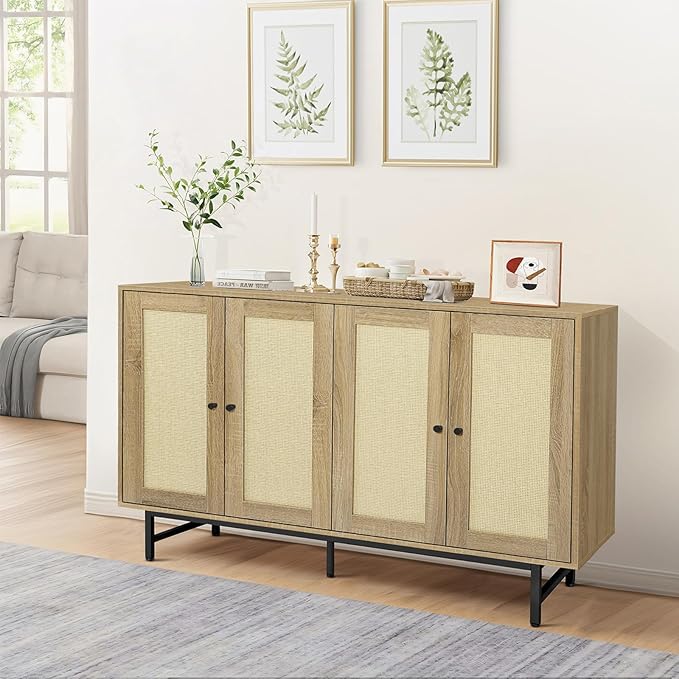 Sideboard Buffets Cabinet with 4 Rattan Doors, Large Storage Accent Cabinet Credenzas Modern Console Table for Living Room, Kitchen (Natural)