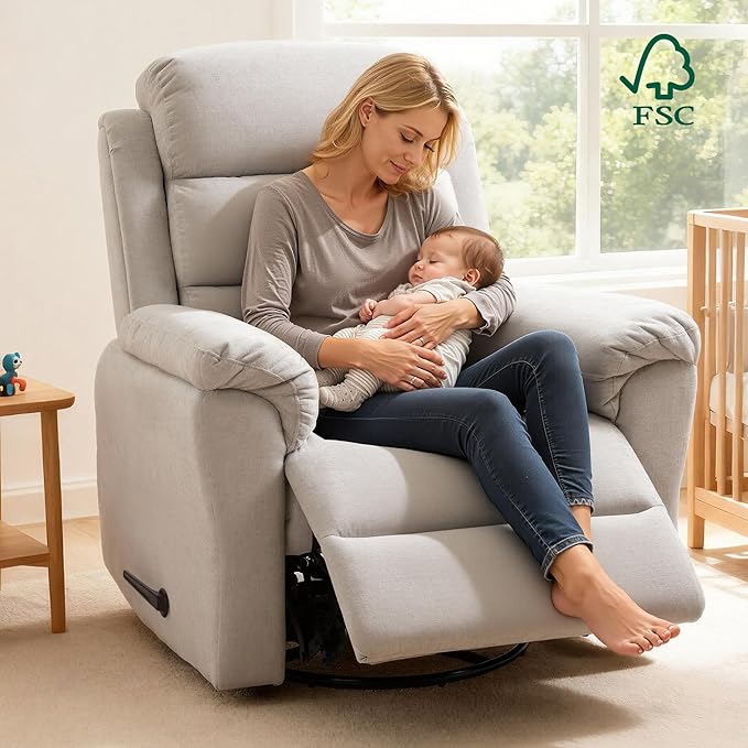 FLEXISPOT XRC6 Nursery Swivel Rocker Recliner with Massage & Heat, Rocking Glider Chair w/ 28" High Back, Comfy Upholstered Armchair for Living Room Nursery, FSC Certified(Ribbed Chenille, Light Grey)