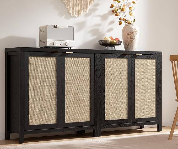 SICOTAS Sideboard Buffet Storage Cabinet - Boho Rattan Credenza Coffee Bar Cabinet with Large Storage, Farmhouse Console Buffet Table for Kitchen Living Room Entryway - 2 Black Pieces