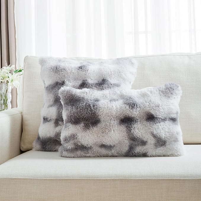 FUTEI Grey White Decorative Throw Pillow Covers 24x24 Inch Set of 2,Soft Fuzzy Faux Rabbit Fur European Cushion Covers with Raised Texture,Neutral Boho Home Decor for Couch Bed Living Room