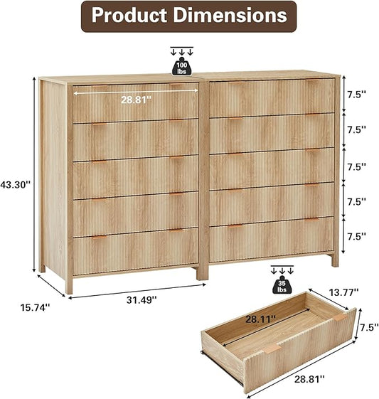 5 Drawer Double Dresser for Bedroom, Modern Wide Chest of Drawers with Fluted Panel Design,Wood Storage Dressers Chest of Drawers for Bedroom Living Room Hallway Closet,Natural,2 Sets