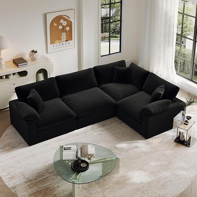 Cloud Modular Sectional Sofa,189.4" Down Filled Sofa 4 Seat with Chaise,Minimalist Sofa Cover Washable and Replaceable Couches for Living Room,Sectional Sofa Deep Seat Black