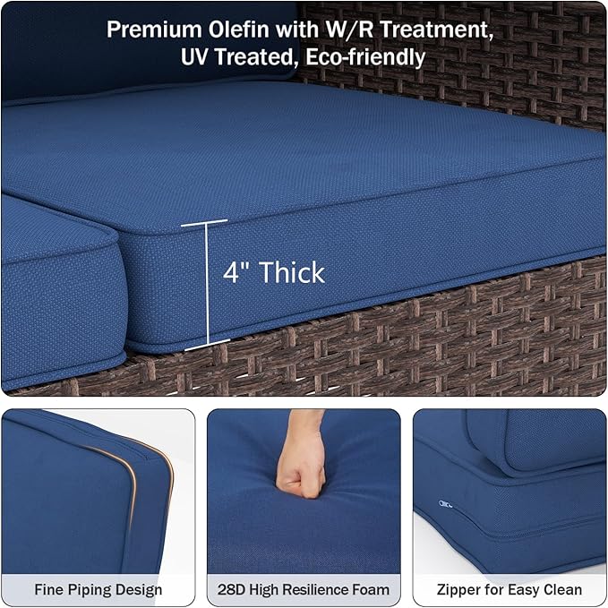 Outdoor Chair Cushions 23" x 24" x 4", Patio Deep Seat Replacement Cushions Set with Zippered Removable Cover, Weather-Resistant Olefin Fabric for Garden Chair Sofa Couch, Set of 2, Blue