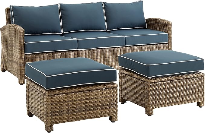 Crosley Furniture Bradenton 3-Piece Outdoor Sofa Patio Furniture Set, Wicker Conversation Sets for Porch, Brown with Navy Cushions