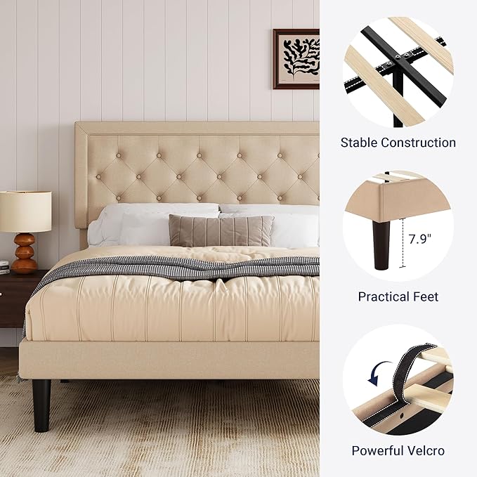 Allewie Full Size Button Tufted/Fabric Upholstered Bed Frame with Adjustable Headboard/Wood Slat Support/Mattress Foundation/Beige