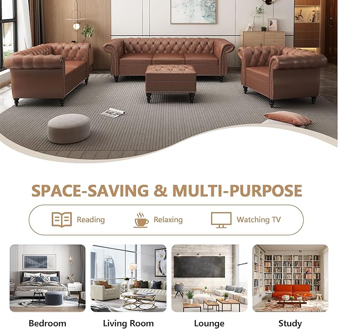 Loveseat Sofa Couch, Modern PU Leather Upholstered Sofa, Oversized Comfy 2 Seater Love Seat Couch with Cushions, Mid Century Tufted Chesterfield Sofa for Living Room, Bedroom, Apartment (Brown)