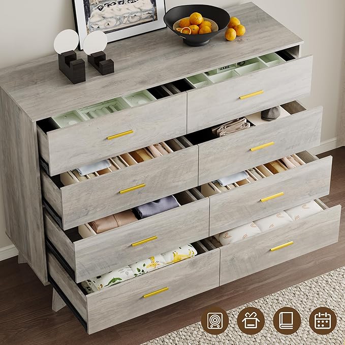 Dresser for Bedroom with 8-Drawer, 37" Tall Modern Chest of Drawers with Metal Handles, X-Shape Base & Adjustable Center Leg, Anti-Tip Closet Organizers and Storage
