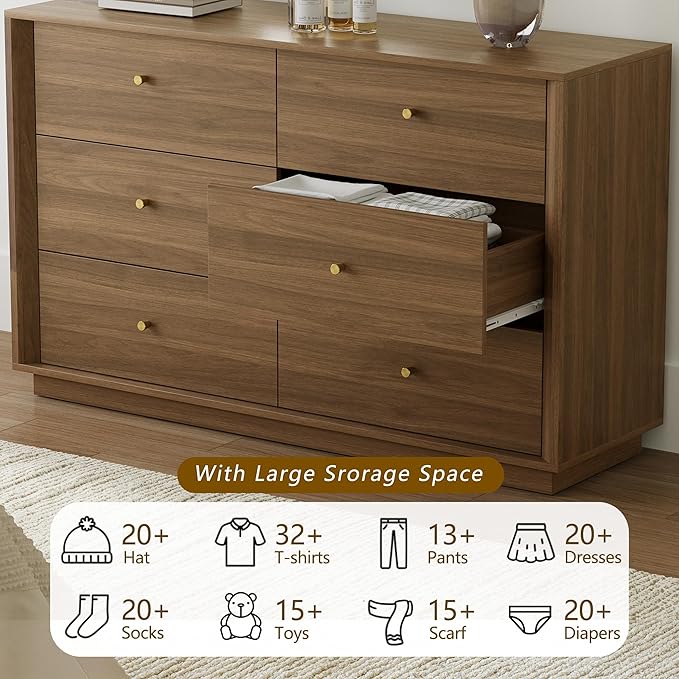 Mid Century Modern Dresser, 6 Drawer Dresser with Storage, 47" Wide Chest of Drawers with Wood Grain Texture, Drawers Organizer for Bedroom, Living Room, Hallway, Walnut