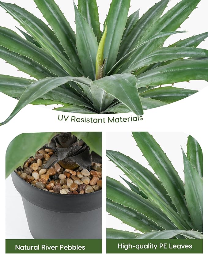 Velener Artificial Agave Plant in Black Pot with Real Stone Pebbles, Large Fake Agave Plants with Green Serrated Leaves, Faux Yucca for Indoor and Outdoor Decor-32 Inches Tall, 40 Leaves
