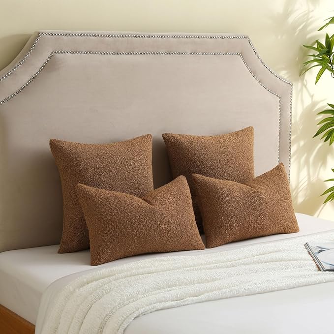 FUTEI Pack of 2 Tobacco Decorative Throw Pillow Covers 22x22 Inch Soft Cozy Solid Boucle Textured Cushion Case,Modern Home Decor for Couch Bed Living Room