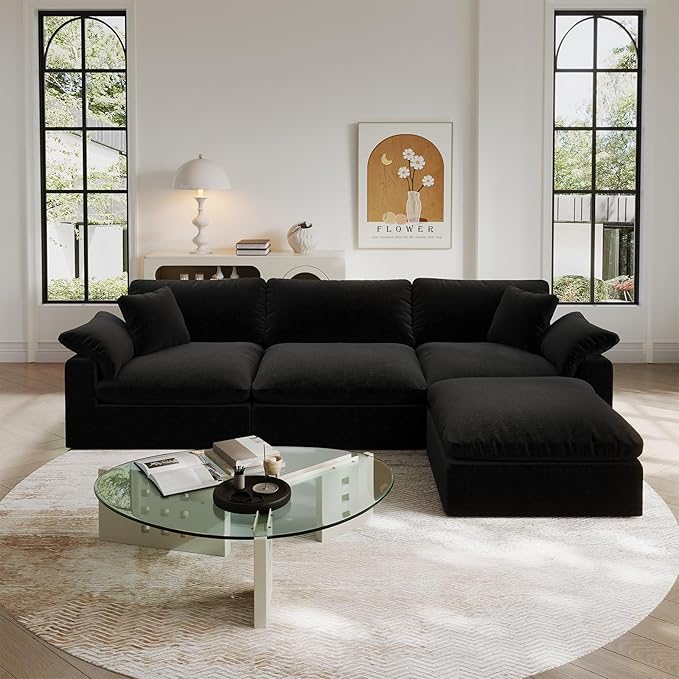 Oversize Cloud Modular Sectional Sofa,110.8" L Shape 3 Seaters with Chaise Down Filled Comfort Sofa Detachable Couch Cushion Covers for Living Room,Black 1